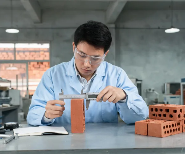 Quality technician checking brick dimensions