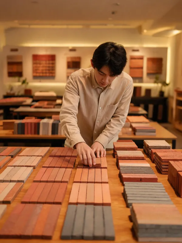 Color specialist arranging brick samples