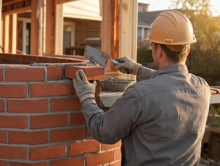 Mason installing face brick on residential wall