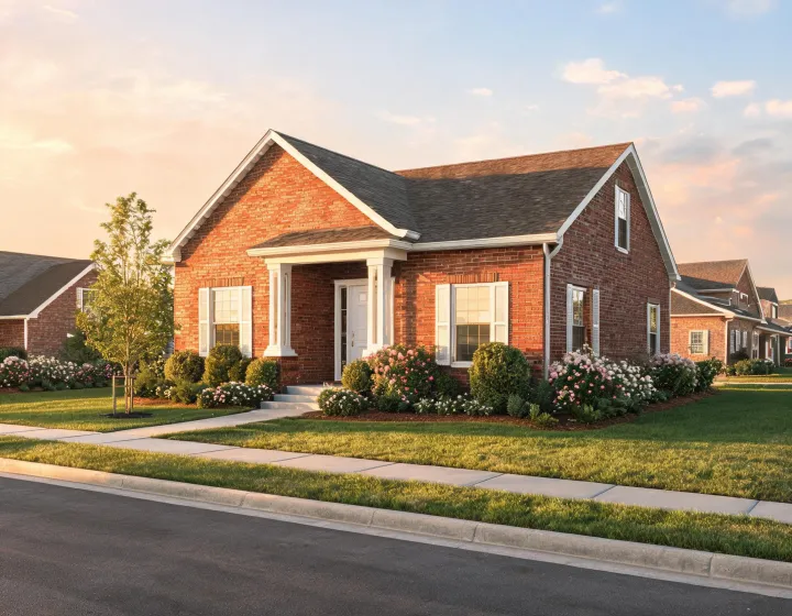 Warm brick residential facade at golden hour