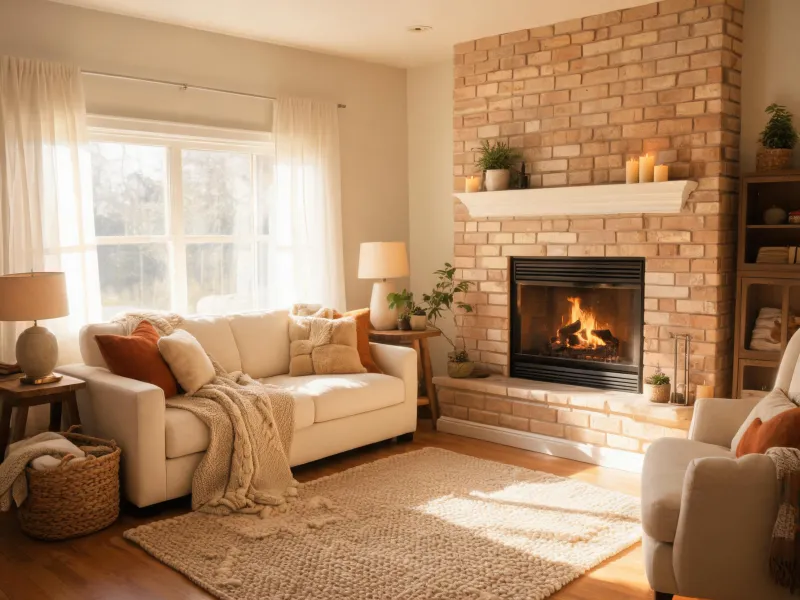 Thin brick fireplace interior scene